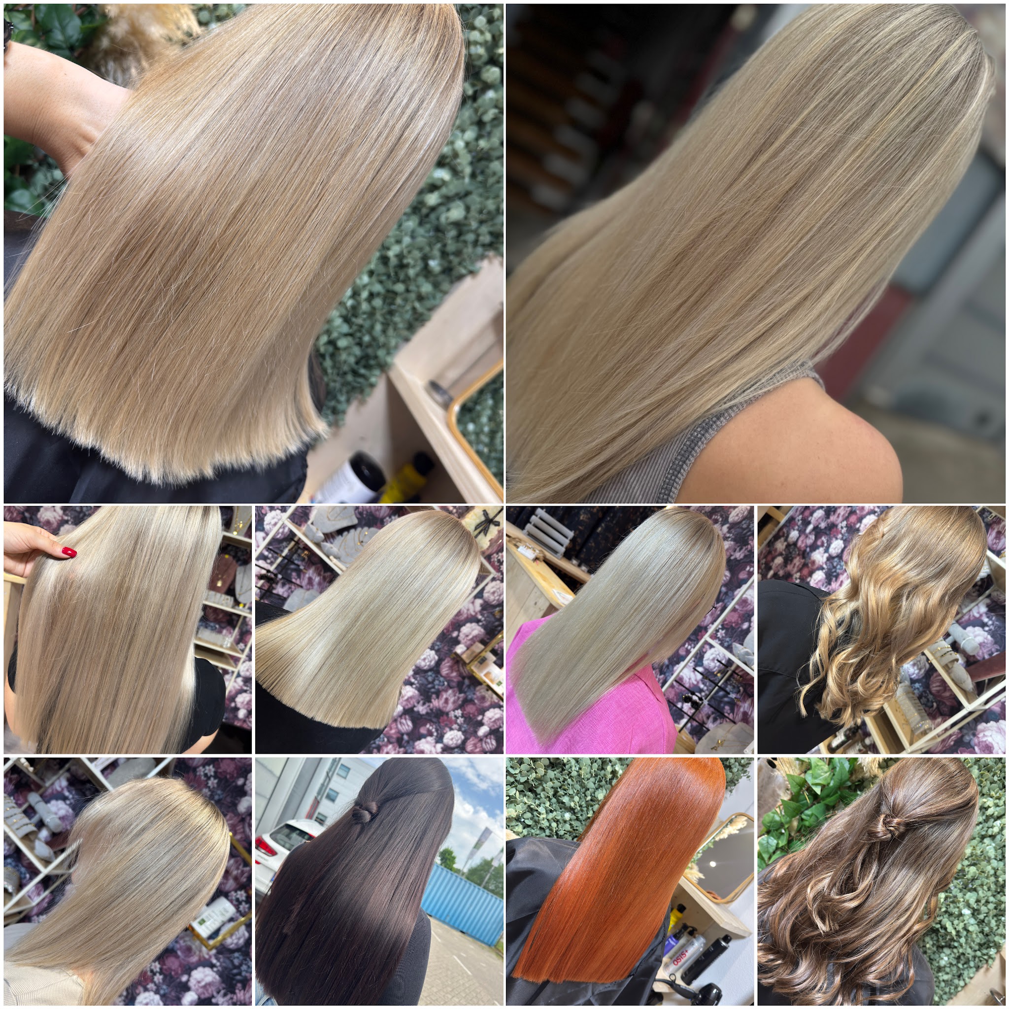 Collage van kleurresultaten: asblond, honingblond, koper en donkerbruin